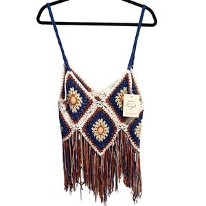 NWT Rebellion Again Granny Square Crochet Fringe Tank Top S Boho Festival Hippie